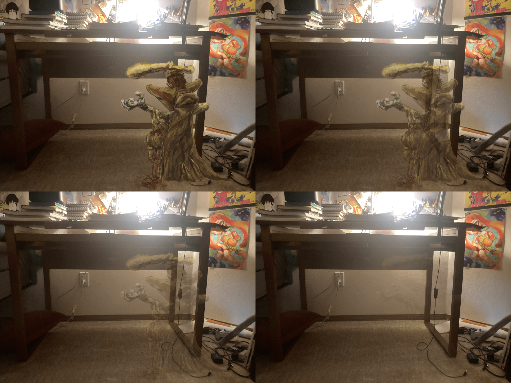 Four stills of Bo Noise leaning on Xavier's desk, with Bo getting more and transparent in each panel, but never fully disappearing. The room is dark and the lamp on the desk shines brightly. Bo is looking away from the camera and has one arm propped next to the desk leg and the other extended. Their free hand is in a clawed position and their elbow has long spikes that pierce through Bo's stomach and come out through their right leg. Blood drips out of their stomach and onto the carpet.